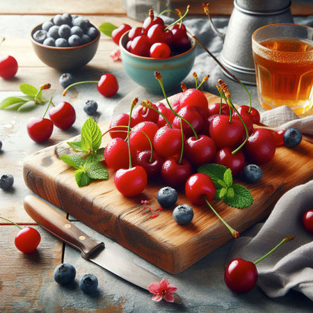 Ripe fresh cherry berries on a wooden cutting board. Copy spaceの素材