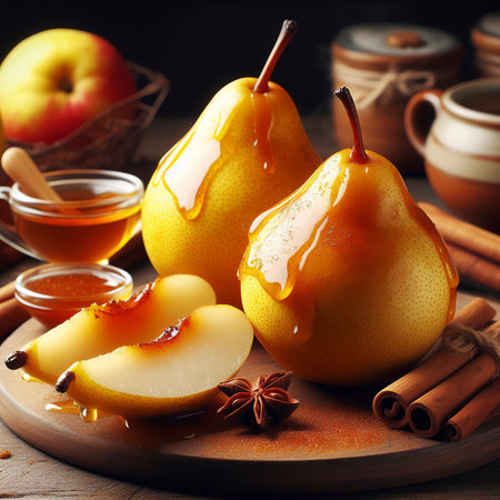 Ripe juicy yellow pears with cinnamon on wooden background. Conference pears for caramelizationの素材