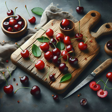 Ripe fresh cherry berries on a wooden cutting board. Copy spaceの素材