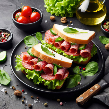 Sandwiches with lettuce leaves and sliced salami sausage on black plate Copy spaceの素材