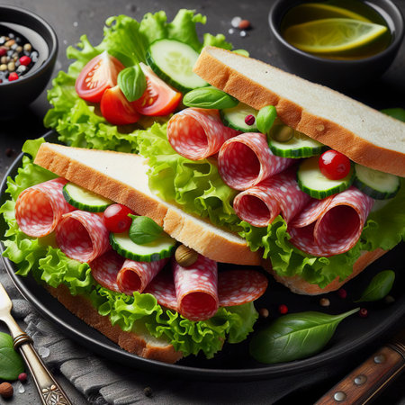 Sandwiches with lettuce leaves and sliced salami sausage on black plate Copy spaceの素材
