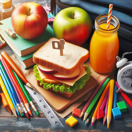 Snack for school with sandwich, fresh Apple and orange juice. Colorful school suppliesの素材