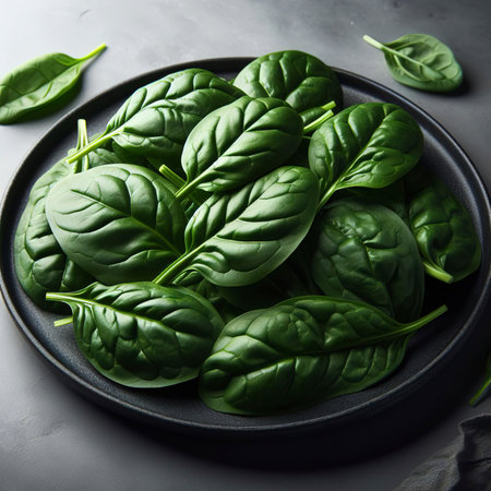 Spinach green fresh leaves on a black plate. Gray background, copy spaceの素材