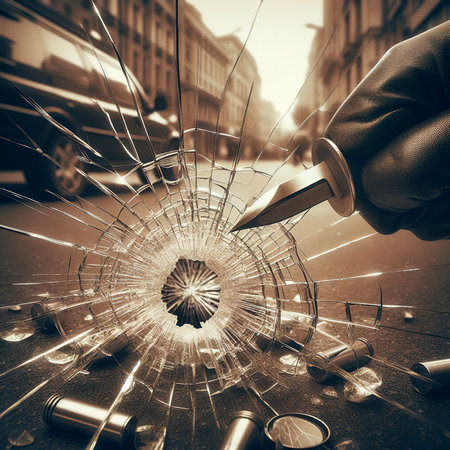 Sharp glass hole cracks splinters, broken glass by the street, sepia toneの素材