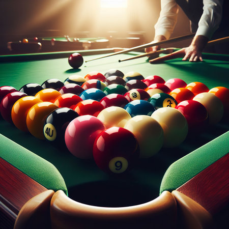 The snooker balls on the table consisted of red, black, pink, blue, green, white, brown, and yellowの素材