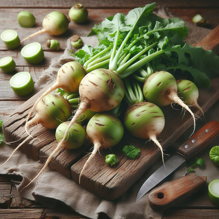 Tubers of raw green radish on a wooden backgroundの素材