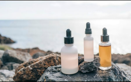 Cosmetic bottles on the stone with a blurred sea backdrop.Natural organic cosmetic mock upの素材