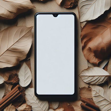 Blank white smartphone screen on dry leaves - mockup templateの素材