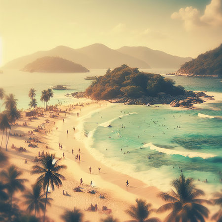 Blur vintage style for background, beautiful nature of sea and waves on beach during summer at Koh Miang island in Mu Ko Similan Nationalの素材