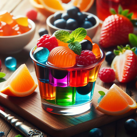 colored sweet fruit jelly in a glass glass on a wooden tableの素材