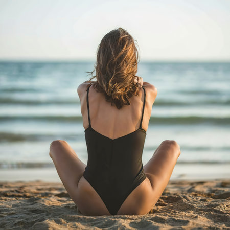 Mental health concept. Rear view of a depressed young woman in swimsuit sitting on the beachの素材