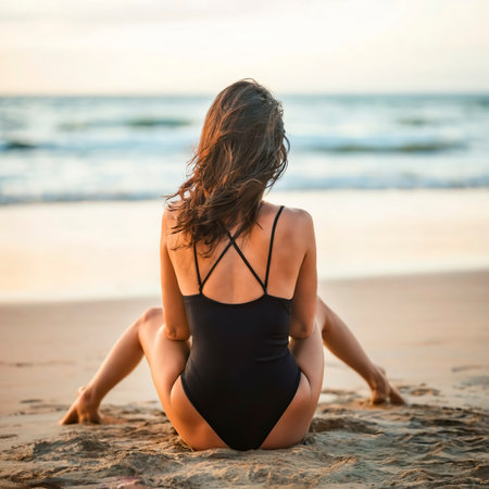 Mental health concept. Rear view of a depressed young woman in swimsuit sitting on the beachの素材