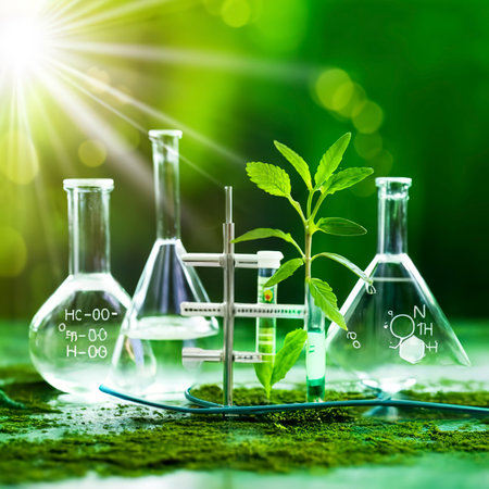 Biology laboratory nature and science, Plants with biochemistry structure and chemical formula on green backgroundの素材