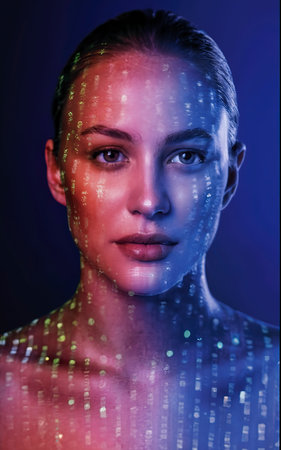 Neon light portrait skin rejuvenation face contouring futuristic technology double exposure of womanの素材