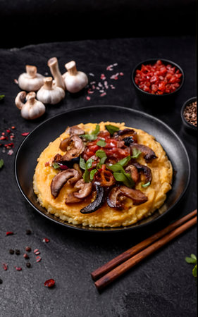 Asian style corn polenta with mushrooms with hot peppers and soy sauce on a dark background. vegan cuisineの素材