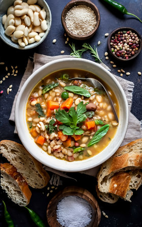 a plate of winter Tuscan bean soup with whole grains. traditional italian cuisineの素材