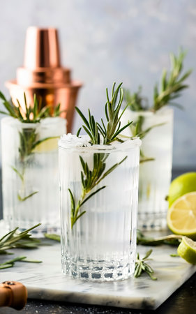 classic gin and tonic cocktail with rosemary sprigs in tall glasses on a table with bar accessoriesの素材