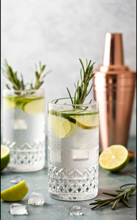 classic gin and tonic cocktail with rosemary sprigs in tall glasses on a table with bar accessoriesの素材