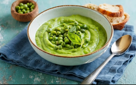 cream soup of green peas and zucchini on a blue tablecloth. healthy eatingの素材