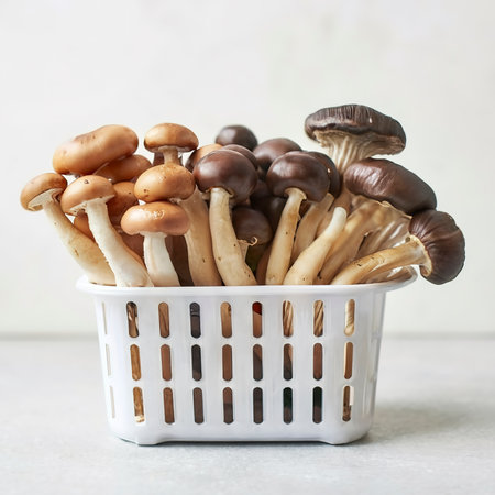 different types of fresh mushrooms in plastic packaging isolated on white tableの素材