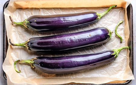 eggplants, ready to bake, on a baking sheetの素材