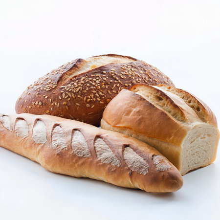 fresh white bread baguette and bun isolated on a white background with seedsの素材