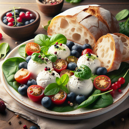 mozzarella with spinach, cherry tomatoes, wild berries and breadの素材