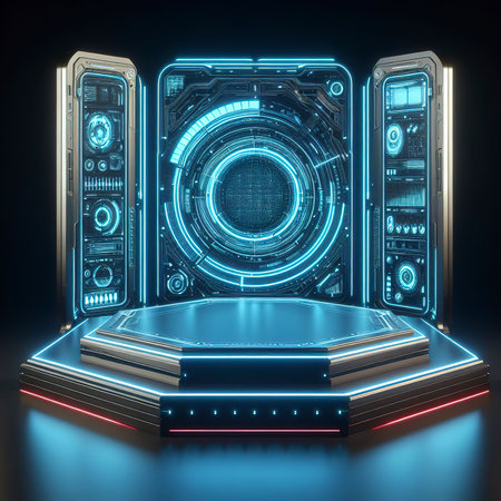 Modern product showcase sci-fi podium with blue glowing light neon background. Technology and object conceptの素材