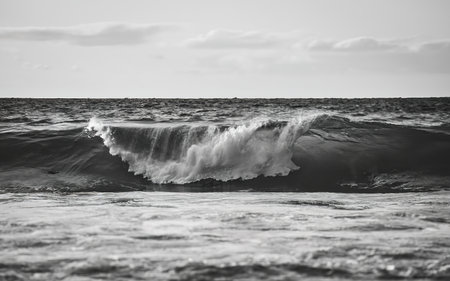A close up of some waves in the middle of the ocean in black and white with copy spaceの素材