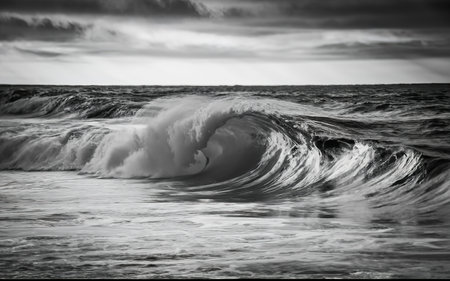 A close up of some waves in the middle of the ocean in black and white with copy spaceの素材