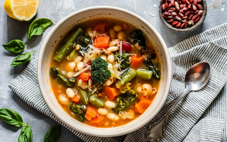 Italian minestrone soup with vegetables and beans on a table with a linen tableclothの素材