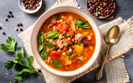 Italian minestrone soup with vegetables and beans on a table with a linen tableclothの素材