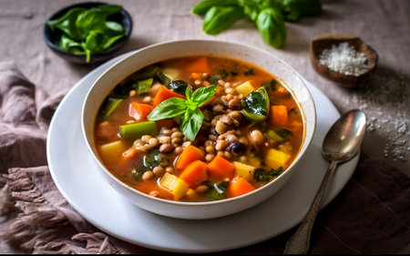 Italian minestrone soup with vegetables and beans on a table with a linen tableclothの素材