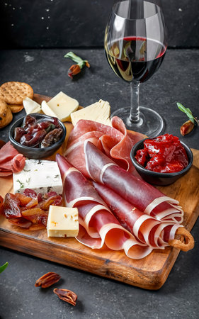 Italian snack and antipasti on a tray and red wine prosciutto, salami, sun-dried tomatoes, olives, cheese, grissini and dates. Summer snackの素材