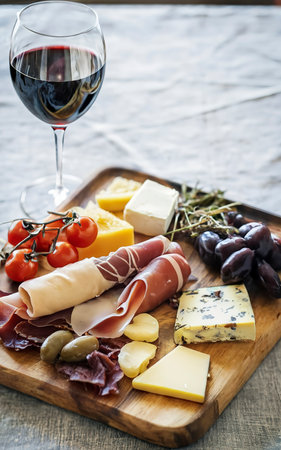 Italian snack and antipasti on a tray and red wine prosciutto, salami, sun-dried tomatoes, olives, cheese, grissini and dates. Summer snackの素材
