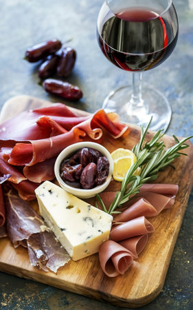 Italian snack and antipasti on a tray and red wine prosciutto, salami, sun-dried tomatoes, olives, cheese, grissini and dates. Summer snackの素材