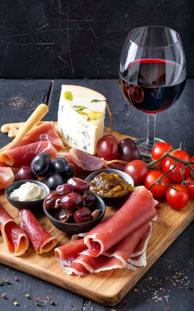 Italian snack and antipasti on a tray and red wine prosciutto, salami, sun-dried tomatoes, olives, cheese, grissini and dates. Summer snackの素材