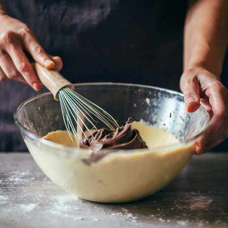mixing dough for chocolate cake in a bowl. female hands and a kitchen whisk. recipe step by stepの素材