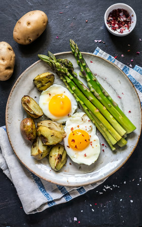 new potatoes with boiled asparagus with eggs and cheese. idea for breakfast or lunchの素材