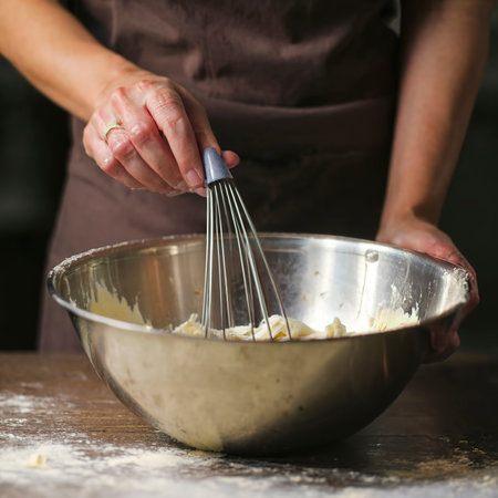 mixing dough for chocolate cake in a bowl. female hands and a kitchen whisk. recipe step by stepの素材