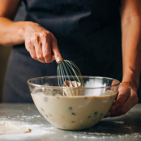 mixing dough for chocolate cake in a bowl. female hands and a kitchen whisk. recipe step by stepの素材