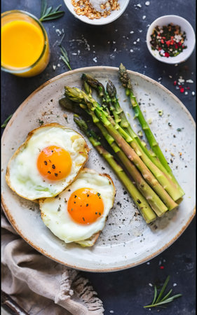 new potatoes with boiled asparagus with eggs and cheese. idea for breakfast or lunchの素材