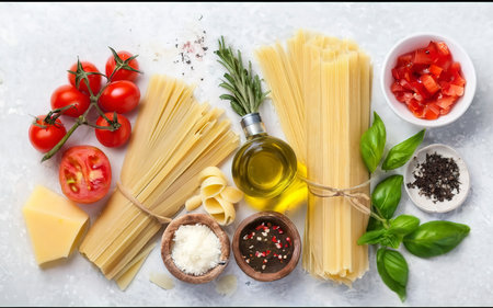 Pasta ingredients on white kitchen table. Raw Pasta, parmesan, olive oil, spices, tomatoes and basil. Top view with copy spaceの素材