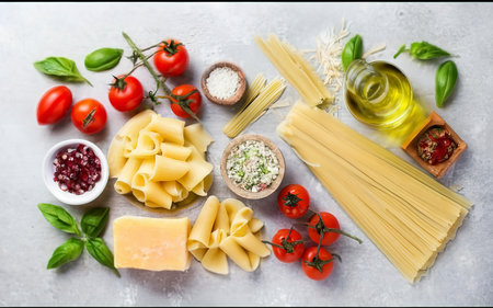 Pasta ingredients on white kitchen table. Raw Pasta, parmesan, olive oil, spices, tomatoes and basil. Top view with copy spaceの素材