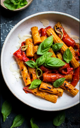 pasta with baked peppers and cashews sauce. vegan full-fledged healthy lunch or dinner with purple basilの素材