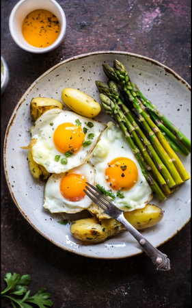 new potatoes with boiled asparagus with eggs and cheese. idea for breakfast or lunchの素材