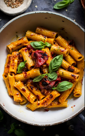 pasta with baked peppers and cashews sauce. vegan full-fledged healthy lunch or dinner with purple basilの素材