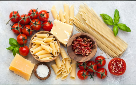 Pasta ingredients on white kitchen table. Raw Pasta, parmesan, olive oil, spices, tomatoes and basil. Top view with copy spaceの素材