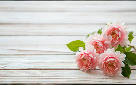 Pink flowers on white wooden background. Selective focusの素材