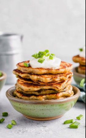 potato pancakes with yogurt and green onions and black pepper. in clay pots on a white backgroundの素材